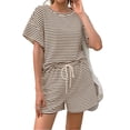 thumbnail image 1 of Womens 2 Piece Sets Summer Lounge Sets Striped Short Sleeve Oversized T Shirts Drawstring Shorts Matching Set, 1 of 5