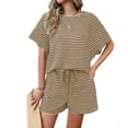 thumbnail image 1 of Womens 2 Piece Sets Summer Lounge Sets Striped Short Sleeve Oversized T Shirts Drawstring Shorts Matching Set, 1 of 6