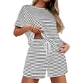 thumbnail image 1 of Womens 2 Piece Sets Summer Lounge Sets Striped Short Sleeve Oversized T Shirts Drawstring Shorts Matching Set, 1 of 6