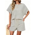 thumbnail image 1 of Womens 2 Piece Sets Summer Lounge Sets Striped Short Sleeve Oversized T Shirts Drawstring Shorts Matching Set, 1 of 5