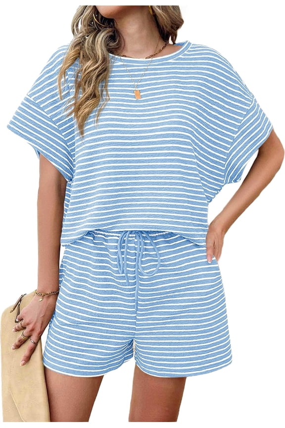 Womens 2 Piece Sets Summer Lounge Sets Striped Short Sleeve Oversized T Shirts Drawstring Shorts Matching Set