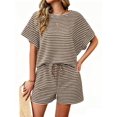thumbnail image 1 of Womens 2 Piece Sets Summer Lounge Sets Striped Short Sleeve Oversized T Shirts Drawstring Shorts Matching Set, 1 of 6