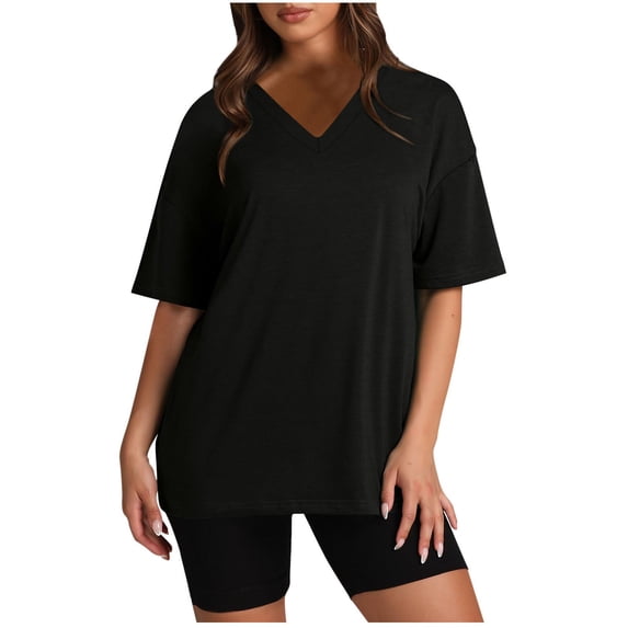 Womens 2 Piece Sets Summer Outfits Shorts Sleeve Oversized V Neck Tops and Elastic Waist Shorts Lounge Set (S, Black)