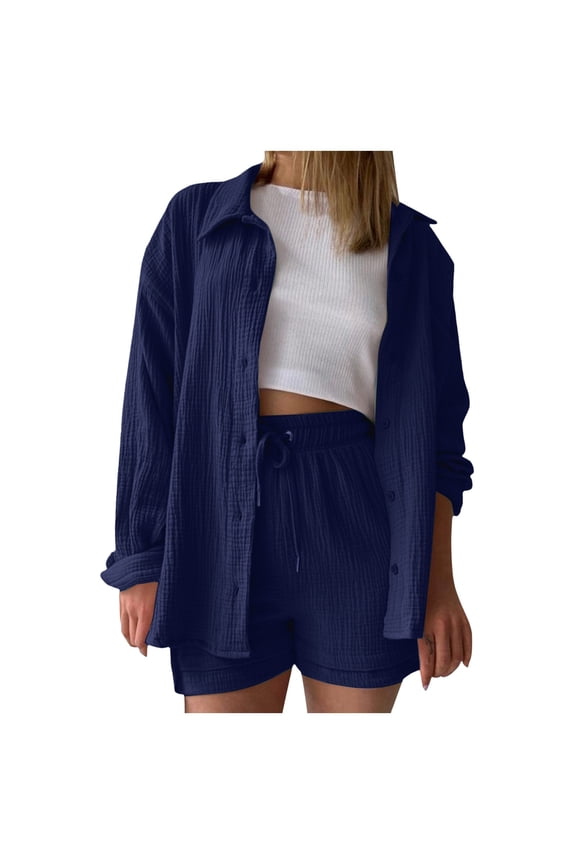 Womens 2 Piece Sets Women's Casual Spring Fashion Set Long Sleeve Shirt and High Waist Drawstring Shorts Solid Two Piece Outfit