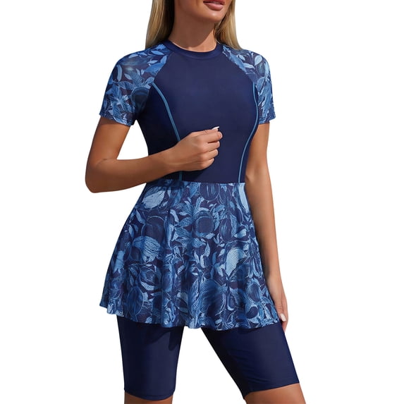 Womens 2 Piece Short Sleeve Rash Guard Set, Floral Color Block Skirted Modest Bathing Suit Navy M