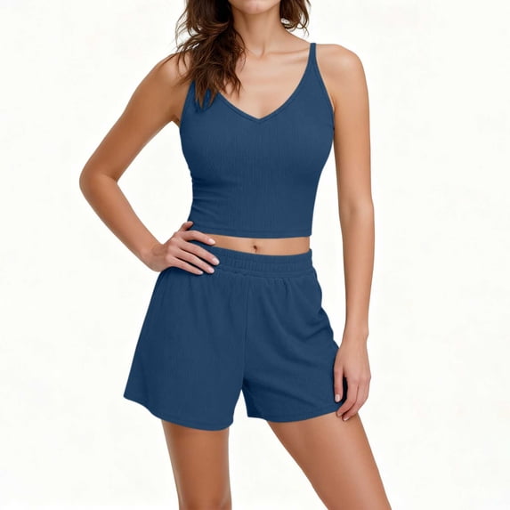 Womens 2 Piece Shorts Set Spaghetti Strap Crop Cami Tank Tops Bottoms with Pockets Sleepwear Summer Outfits Blue, XL