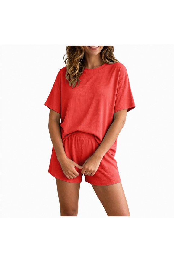 Womens 2 Piece Shorts Set Summer Casual Short Sleeve T Shirts Drawstring Ruffle Shorts Pajamas Lounge Set Red for Size M