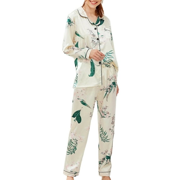Womens 2 Piece Silk Satin Pajama Set Long Sleeve Lounge Sets Button Down Shirts and Pants PJs Soft Sleepwear Sets