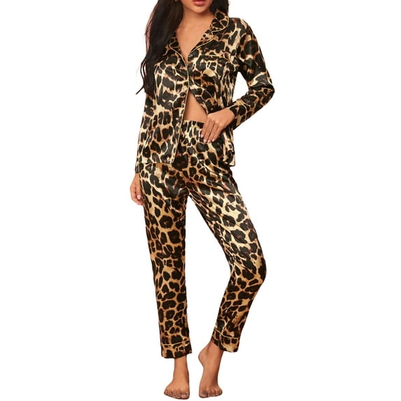 Womens 2 Piece Silk Satin Pajama Set Long Sleeve Lounge Sets Button Down Shirts and Pants PJs Soft Sleepwear Sets