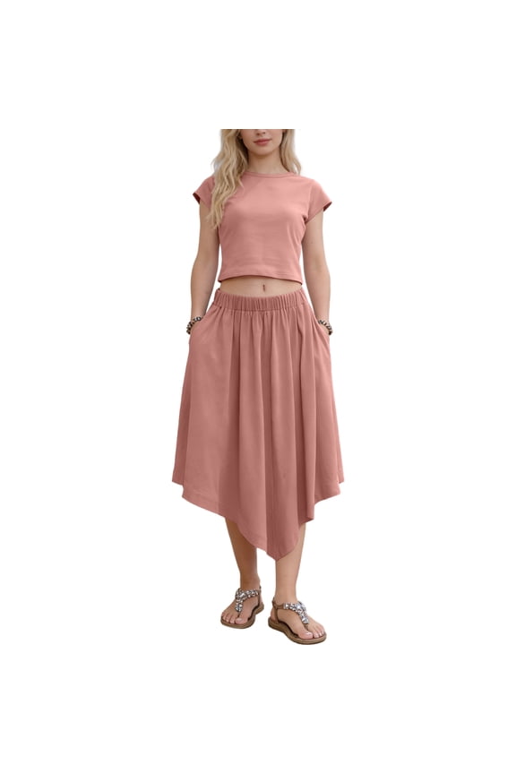 Womens 2 Piece Skirt Sets Crop Baby Tee Low Waist Midi Skirt Outfits Casual Matching Dress Set