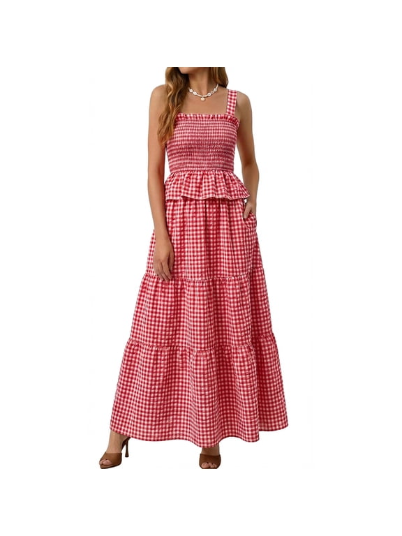 Womens 2 Piece Skirt Sets Summer Spuare Neck Plaid Tank Tops Maxi Skirt Casual Travel Vacation Sets with Pocket M
