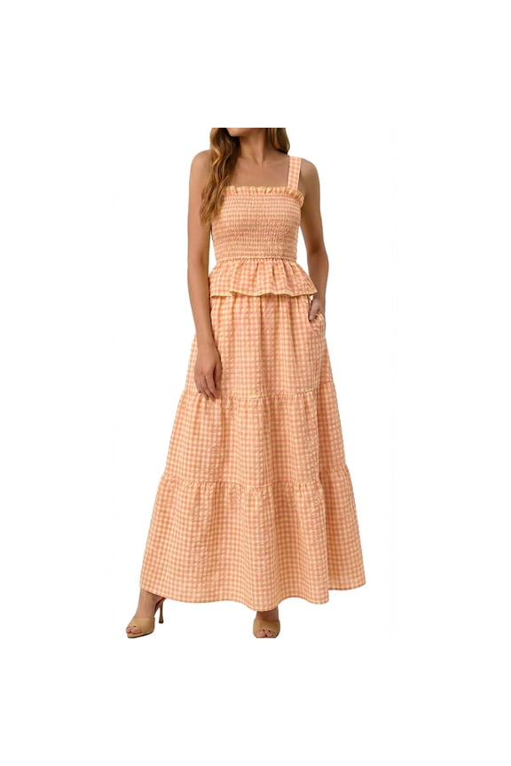 Womens 2 Piece Skirt Sets Summer Spuare Neck Plaid Tank Tops Maxi Skirt Casual Travel Vacation Sets with Pocket S