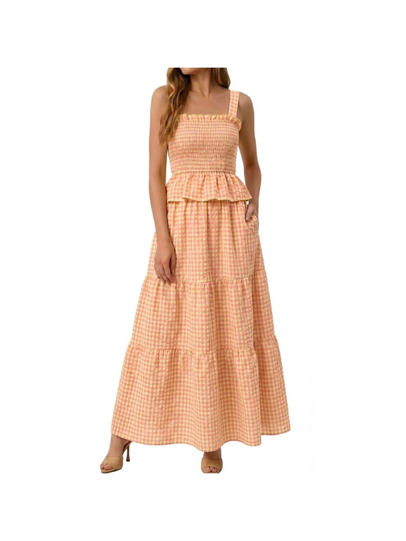 Womens 2 Piece Skirt Sets Summer Spuare Neck Plaid Tank Tops Maxi Skirt Casual Travel Vacation Sets with Pocket XL