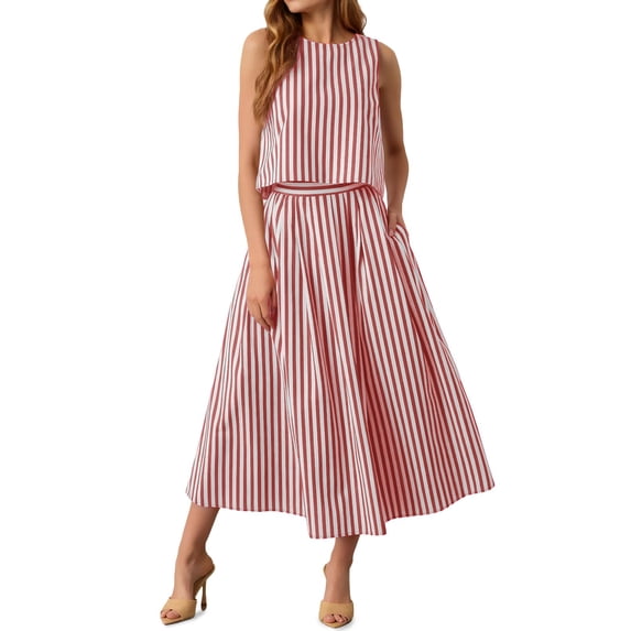 Womens 2 Piece Skirt Sets Summer Striped Sleeveless Tank Tops Midi Dress Travel Vacation Outfits Matching Sets Red M