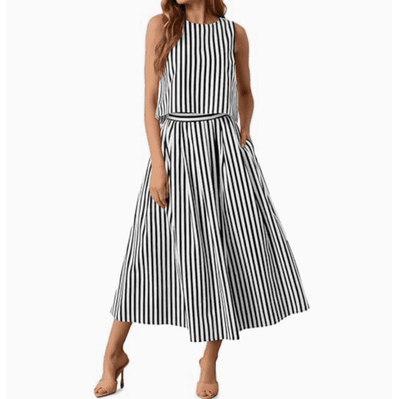 Womens 2 Piece Skirt Sets Summer Striped Sleeveless Tank Tops Midi Dress Travel Vacation Outfits Matching Sets