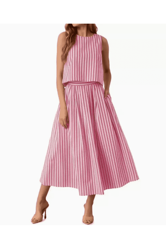 Womens 2 Piece Skirt Sets Summer Striped Sleeveless Tank Tops Midi Dress Travel Vacation Outfits Matching Sets