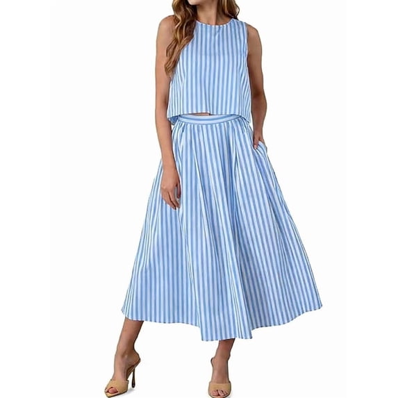 Womens 2 Piece Skirt Sets Summer Striped Sleeveless Tank Tops Midi Dress Vacation Outfits Matching Sets L