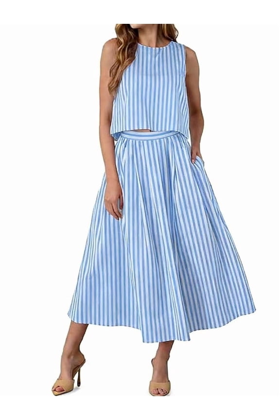 Womens 2 Piece Skirt Sets Summer Striped Sleeveless Tank Tops Midi Dress Vacation Outfits Matching Sets L