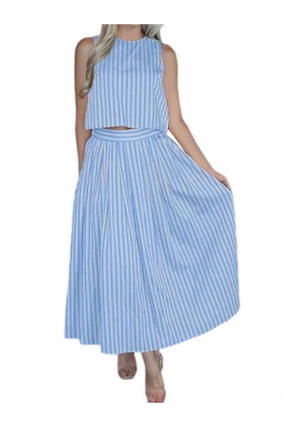 Womens 2 Piece Skirt Sets Summer Striped Sleeveless Tank Tops Midi Dress Vacation Outfits Matching Sets S