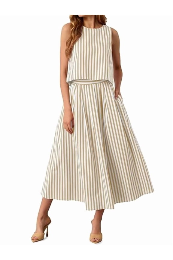 Womens 2 Piece Skirt Sets Summer Striped Sleeveless Tank Tops Midi Dress Vacation Outfits Matching Sets Shallow Card M