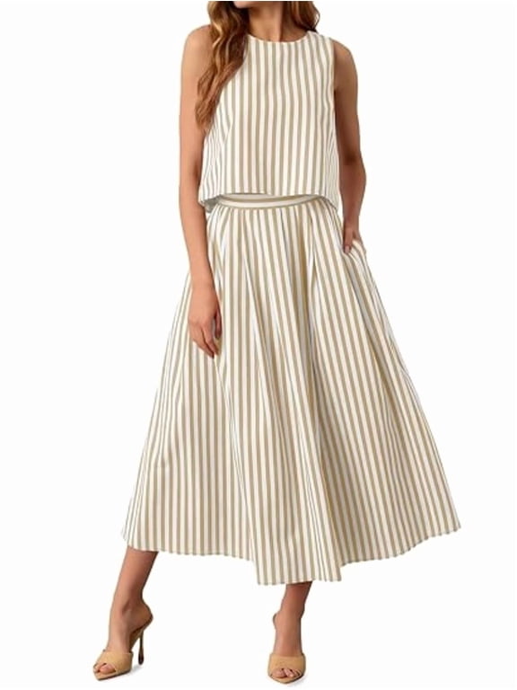 Womens 2 Piece Skirt Sets Summer Striped Sleeveless Tank Tops Midi Dress Vacation Outfits Matching Sets Shallow Card M