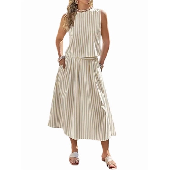 Womens 2 Piece Skirt Sets Summer Striped Sleeveless Tank Tops Midi Dress Vacation Outfits Matching Sets Shallow Card S