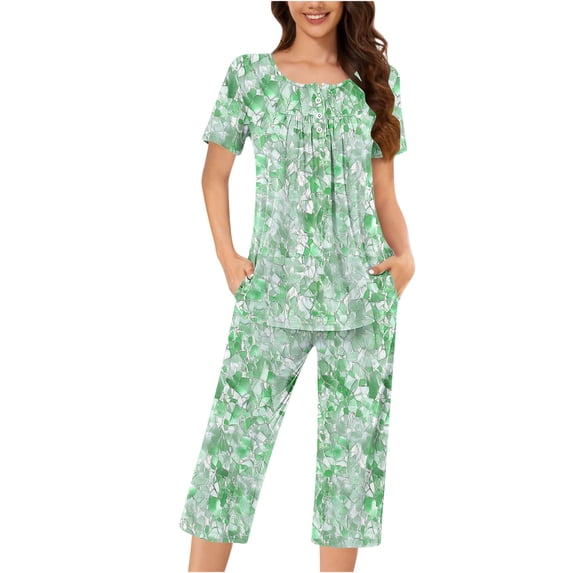 Womens 2 Piece Sleepwear Cute Capri Pajamas Sets Short Sleeve Loungewear Pleated Henley Shirts Capris Pants Army Green, L