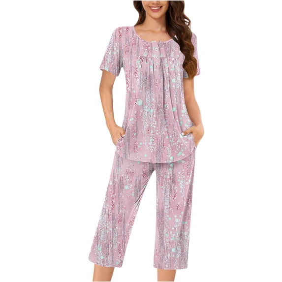 Womens 2 Piece Sleepwear Cute Capri Pajamas Sets Short Sleeve Loungewear Pleated Henley Shirts Capris Pants Pink, 2XL