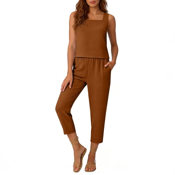 Womens 2 Piece Sleeveless Tops Sets Summer Outfits 2026 Two Piece Lounge Set Fashion Women Casual Solid 3/4 Pants Pockets Pants Suit