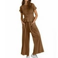 thumbnail image 1 of Womens 2 Piece Smocked Top Wide-Leg Pants Set High-Waisted Lounge Outfit Boho Style Set (Brown S), 1 of 4
