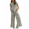 thumbnail image 1 of Womens 2 Piece Smocked Top Wide-Leg Pants Set High-Waisted Lounge Outfit Boho Style Set (Grey L), 1 of 5