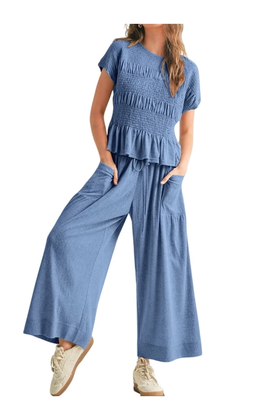 Womens 2 Piece Smocked Top Wide-Leg Pants Set High-Waisted Lounge Outfit with Pockets Matching Set Blue L