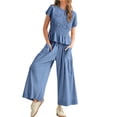 thumbnail image 1 of Womens 2 Piece Smocked Top Wide-Leg Pants Set High-Waisted Lounge Outfit with Pockets Matching Set Blue M, 1 of 10