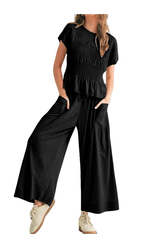 Womens 2 Piece Smocked Top Wide-Leg Pants Set High-Waisted Lounge Outfit with Pockets Matching Set