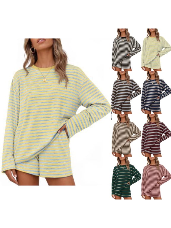 Womens 2 Piece Striped Short Sets Fall Lounge Outfit, Long Sleeve Tops and Shorts, Loose Fit, Comfy Matching Sets, Cute Pajamas, Airport Travel Clothes Fluorescent Green M