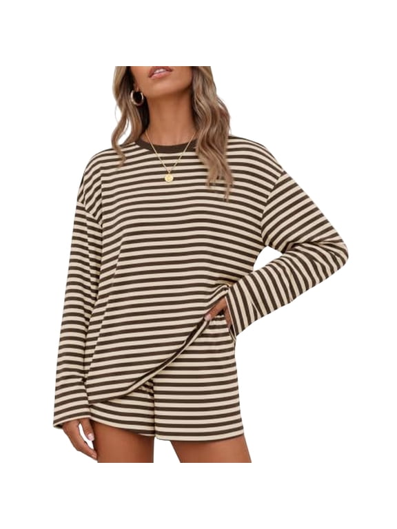 Womens 2 Piece Striped Short Sets Fall Lounge Outfit Long Sleeve Tops and Shorts Loose Fit Comfy Matching Sets Airport Travel Clothes 2XL