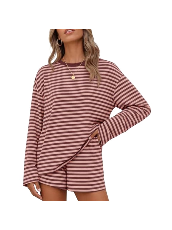 Womens 2 Piece Striped Short Sets Fall Lounge Outfit Long Sleeve Tops and Shorts Loose Fit Comfy Matching Sets Airport Travel Clothes M