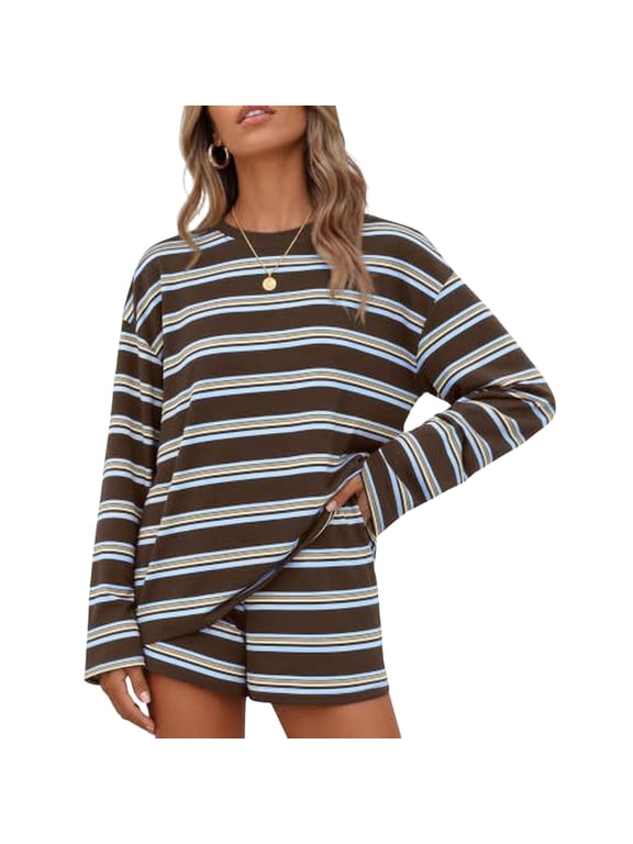 Womens 2 Piece Striped Short Sets Fall Lounge Outfit Long Sleeve Tops and Shorts Loose Fit Comfy Matching Sets Airport Travel Clothes M