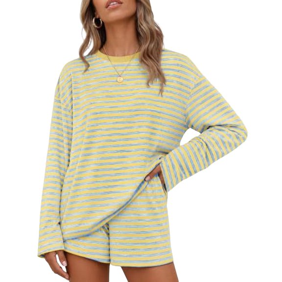 Womens 2 Piece Striped Short Sets Fall Lounge Outfit Long Sleeve Tops and Shorts Loose Fit Comfy Matching Sets Airport Travel Clothes M