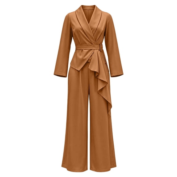 Womens 2 Piece Suit Set V Neck Belted Wrap Blazer Wide Leg Pants ...