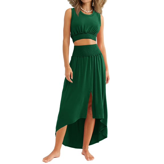 Womens 2 Piece Summer Outfits Crew Neck Croptops Casual Split Vacation Maxi Skirt Dress Set