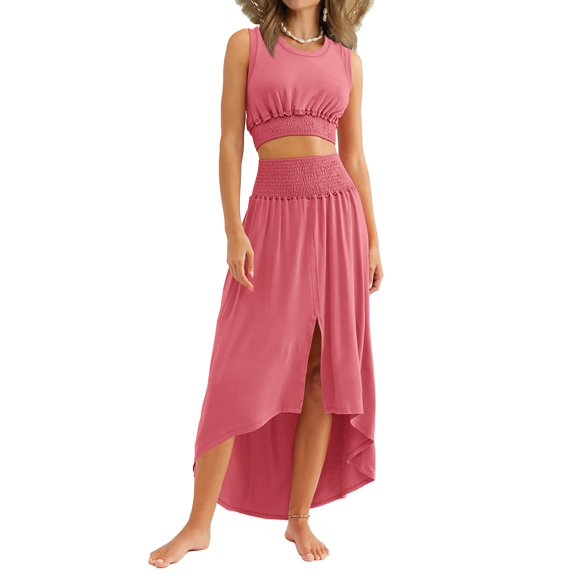 Womens 2 Piece Summer Outfits Crew Neck Croptops Casual Split Vacation Maxi Skirt Dress Set