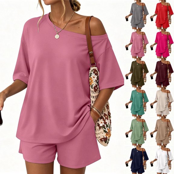 Womens 2 Piece Summer Shorts Set Lounge Matching Two Piece Oversized Beach Vacation Outfits 2026 Sweatsuits Pink 2XL
