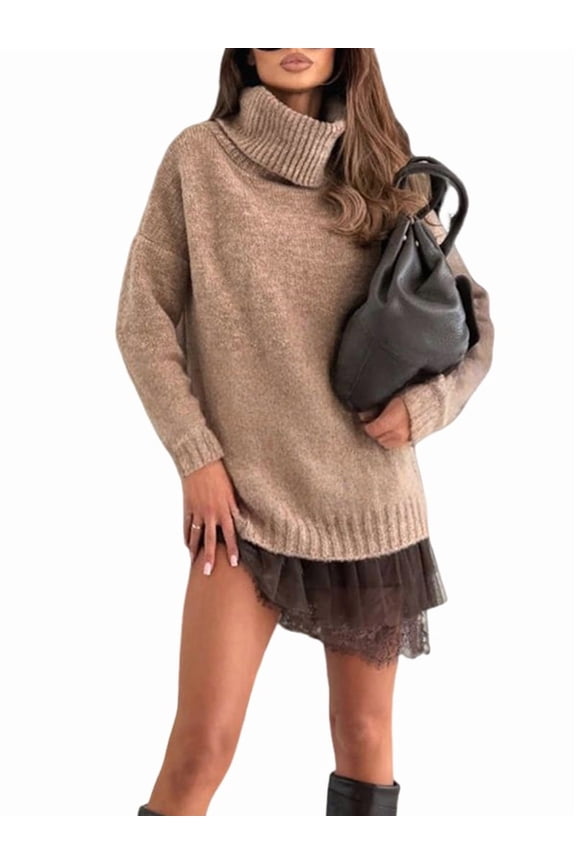 Womens 2 Piece Sweater Set Long Sleeve Crewneck Sweaters Skirt Knit Lounge Sets Khaki & Brown L