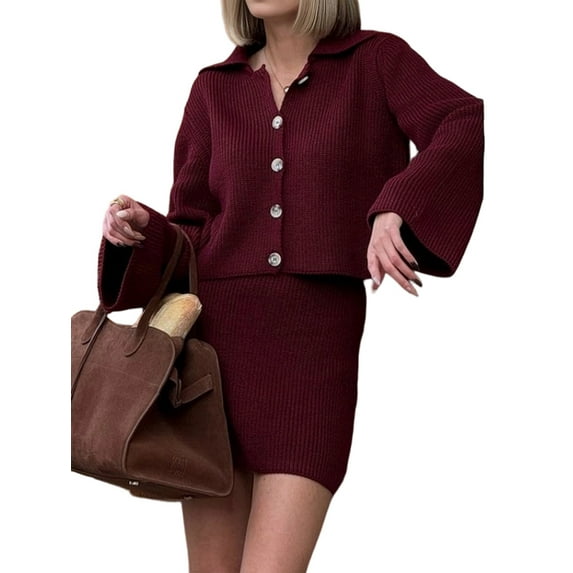 Womens 2 Piece Sweater Skirt Sets Long Sleeve Collared Button Cardigan Knit Mini Skirt Two Piece Angola Red M