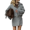 thumbnail image 1 of Womens 2 Piece Sweater Skirt Sets Long Sleeve Collared Button Cardigan Knit Mini Skirt Two Piece Gray M, 1 of 9