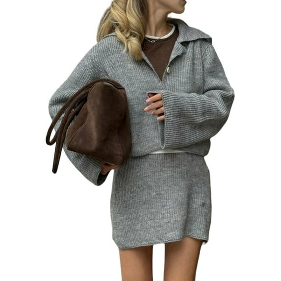 Womens 2 Piece Sweater Skirt Sets Long Sleeve Collared Button Cardigan Knit Mini Skirt Two Piece Gray M