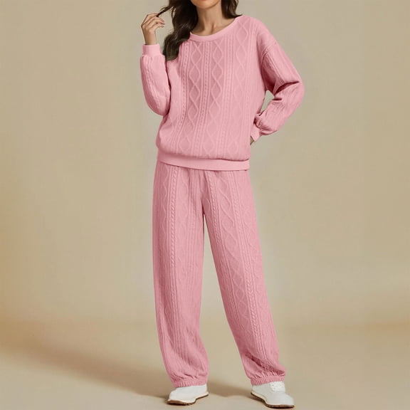 Womens 2 Piece Sweatsuit Crew Neck Long Sleeve Sweatshirts Elastic Waist Pants Cable Knitted Casual Sports Sets (M, Pink)
