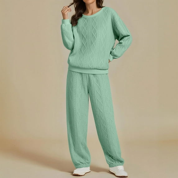 Womens 2 Piece Sweatsuit Crew Neck Long Sleeve Sweatshirts Elastic Waist Pants Cable Knitted Casual Sports Sets (S, Green)