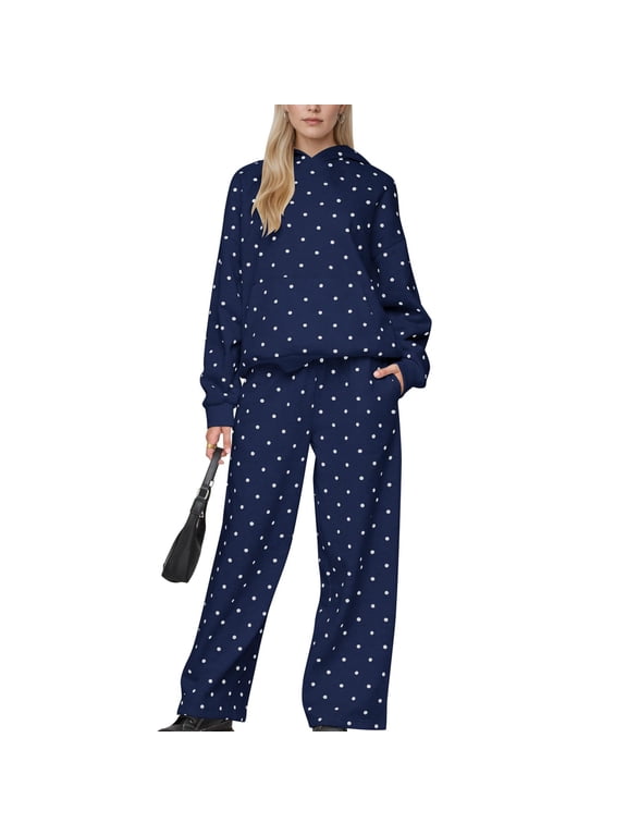 Womens 2 Piece Sweatsuit Set Polka Dot Hooded Pullover Wide Leg Sweatpants Casual Lounge Vacation Travel OutfitsOutfit